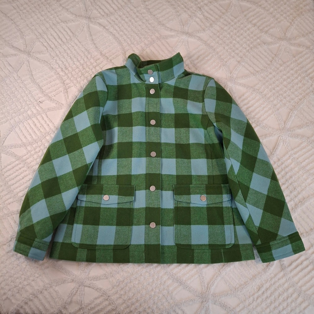 Talbots Womens Petite Large Field Jacket Green Blue Buffalo Plaid Snap Front NWT